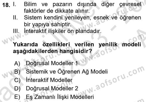 Yenilik Yönetimi Dersi Ara Sınavı Deneme Sınav Soruları 18. Soru