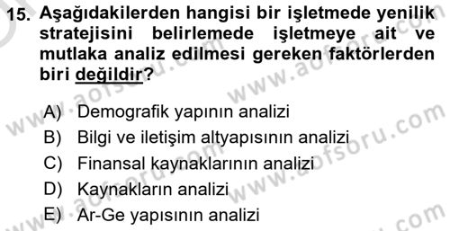 Yenilik Yönetimi Dersi 2023 - 2024 Yılı Yaz Okulu Sınav Soruları 15. Soru