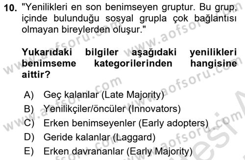 Yenilik Yönetimi Dersi Ara Sınavı Deneme Sınav Soruları 10. Soru