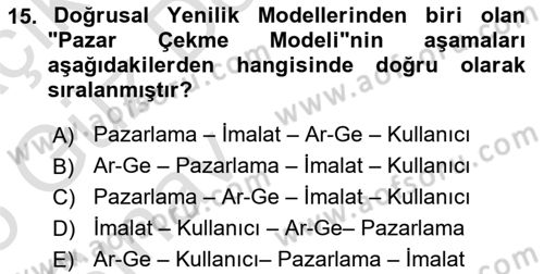 Yenilik Yönetimi Dersi Ara Sınavı Deneme Sınav Soruları 15. Soru