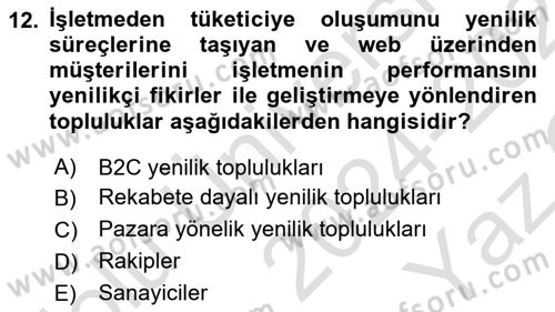 Yenilik Yönetimi Dersi 2024 - 2025 Yılı Yaz Okulu Sınav Soruları 12. Soru