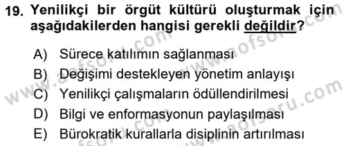 Yenilik Yönetimi Dersi 2025 - 2026 Yılı (Vize) Ara Sınav Soruları 19. Soru