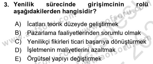 Yenilik Yönetimi Dersi 2025 - 2026 Yılı (Vize) Ara Sınav Soruları 3. Soru