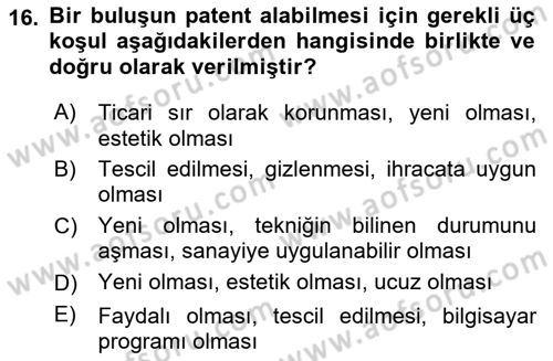 Yenilik Yönetimi Dersi 2025 - 2026 Yılı (Final) Dönem Sonu Sınav Soruları 16. Soru