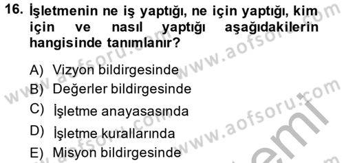 Küçük İşletme Yönetimi Dersi 2014 - 2015 Yılı (Final) Dönem Sonu Sınavı 16. Soru