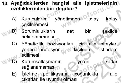 Küçük İşletme Yönetimi Dersi 2016 - 2017 Yılı 3 Ders Sınavı 13. Soru