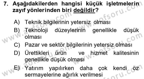 Küçük İşletme Yönetimi Dersi 2016 - 2017 Yılı (Vize) Ara Sınav Soruları 7. Soru