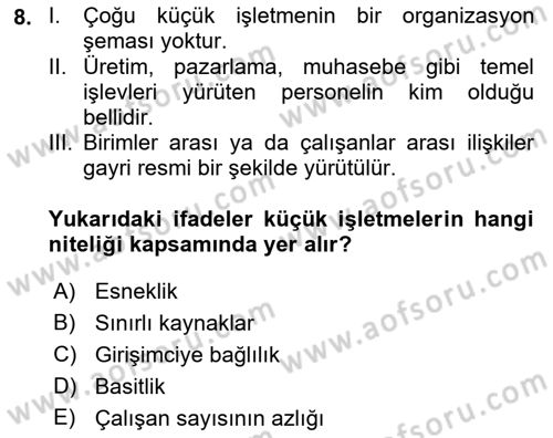 Küçük İşletme Yönetimi Dersi 2021 - 2022 Yılı (Vize) Ara Sınav Soruları 8. Soru