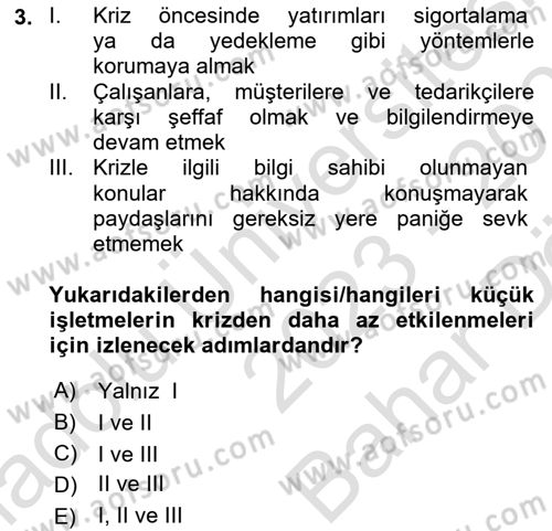 Küçük İşletme Yönetimi Dersi 2023 - 2024 Yılı (Vize) Ara Sınav Soruları 3. Soru