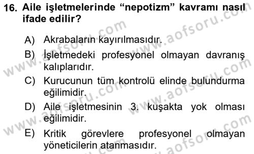 Küçük İşletme Yönetimi Dersi 2023 - 2024 Yılı (Final) Dönem Sonu Sınav Soruları 16. Soru