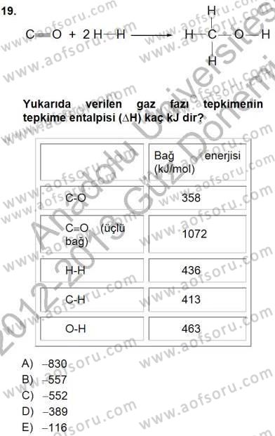 Genel Kimya 1 Dersi 2012 - 2013 Yılı (Final) Dönem Sonu Sınavı 19. Soru