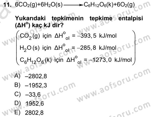 Genel Kimya 1 Dersi 2013 - 2014 Yılı Tek Ders Sınavı 11. Soru