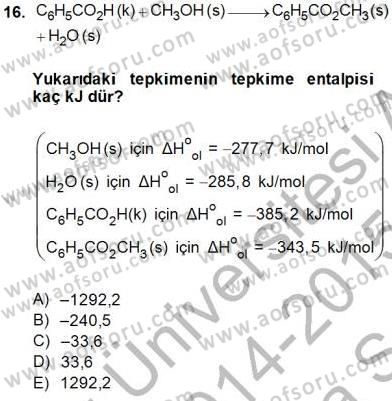 Genel Kimya 1 Dersi 2014 - 2015 Yılı (Vize) Ara Sınavı 16. Soru