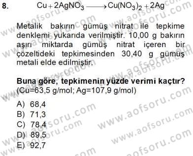 Genel Kimya 1 Dersi 2014 - 2015 Yılı (Vize) Ara Sınavı 8. Soru