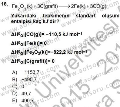 Genel Kimya 1 Dersi 2015 - 2016 Yılı (Vize) Ara Sınavı 16. Soru