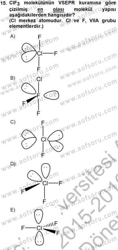 Genel Kimya 1 Dersi 2015 - 2016 Yılı (Final) Dönem Sonu Sınavı 15. Soru