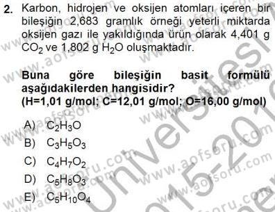 Genel Kimya 1 Dersi 2015 - 2016 Yılı (Final) Dönem Sonu Sınavı 2. Soru