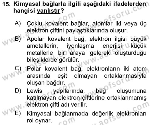 Genel Kimya 1 Dersi 2017 - 2018 Yılı 3 Ders Sınavı 15. Soru