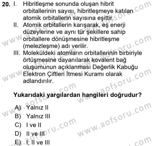 Genel Kimya 1 Dersi 2017 - 2018 Yılı 3 Ders Sınavı 20. Soru