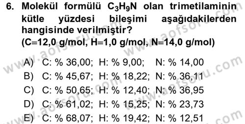 Genel Kimya 1 Dersi 2017 - 2018 Yılı 3 Ders Sınavı 6. Soru