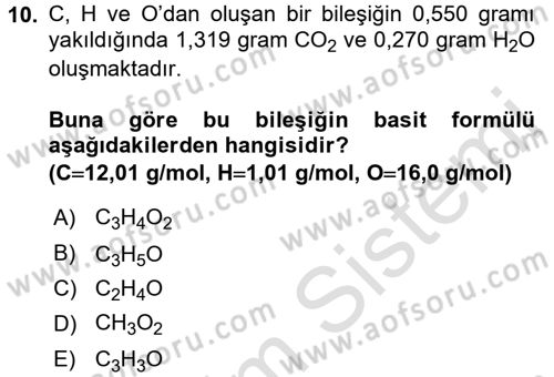 Genel Kimya 1 Dersi 2017 - 2018 Yılı (Vize) Ara Sınavı 10. Soru