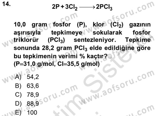 Genel Kimya 1 Dersi 2017 - 2018 Yılı (Vize) Ara Sınavı 14. Soru