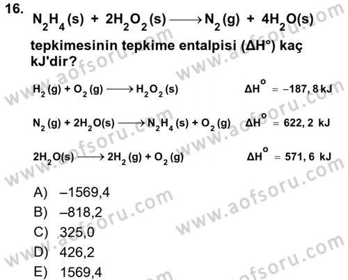 Genel Kimya 1 Dersi 2017 - 2018 Yılı (Vize) Ara Sınavı 16. Soru