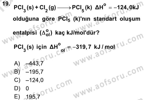 Genel Kimya 1 Dersi 2017 - 2018 Yılı (Vize) Ara Sınavı 19. Soru