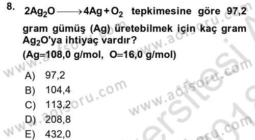 Genel Kimya 1 Dersi 2017 - 2018 Yılı (Vize) Ara Sınavı 8. Soru