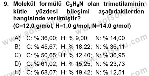 Genel Kimya 1 Dersi 2017 - 2018 Yılı (Vize) Ara Sınavı 9. Soru