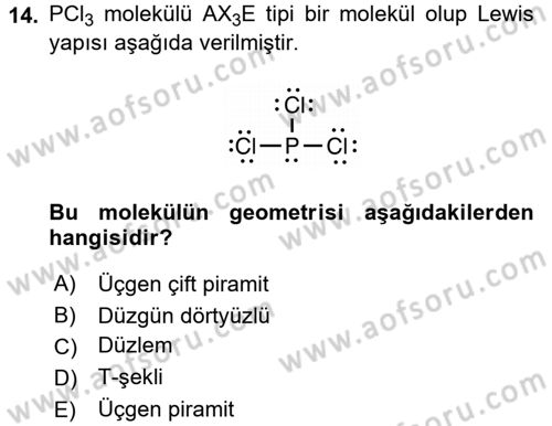 Genel Kimya 1 Dersi 2017 - 2018 Yılı (Final) Dönem Sonu Sınavı 14. Soru