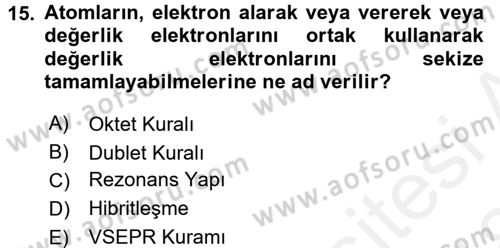 Genel Kimya 1 Dersi 2017 - 2018 Yılı (Final) Dönem Sonu Sınavı 15. Soru