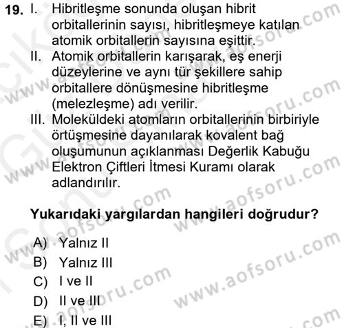 Genel Kimya 1 Dersi 2017 - 2018 Yılı (Final) Dönem Sonu Sınavı 19. Soru