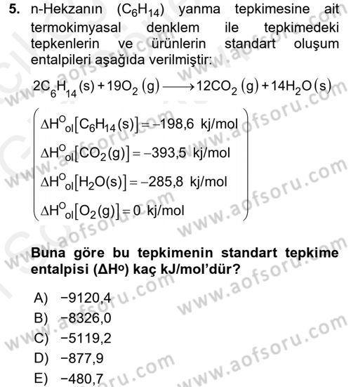 Genel Kimya 1 Dersi 2017 - 2018 Yılı (Final) Dönem Sonu Sınavı 5. Soru