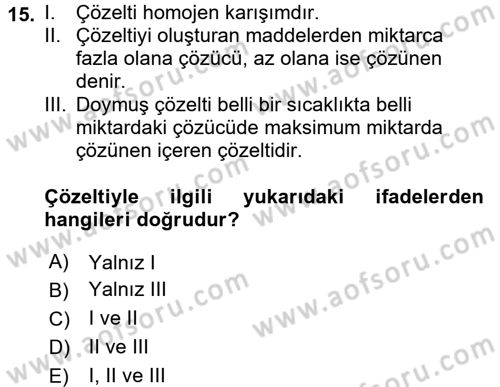 Genel Kimya 2 Dersi 2017 - 2018 Yılı (Vize) Ara Sınav Soruları 15. Soru