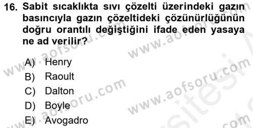 Genel Kimya 2 Dersi 2017 - 2018 Yılı (Vize) Ara Sınav Soruları 16. Soru