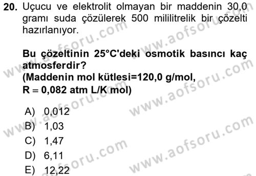 Genel Kimya 2 Dersi 2017 - 2018 Yılı (Vize) Ara Sınav Soruları 20. Soru