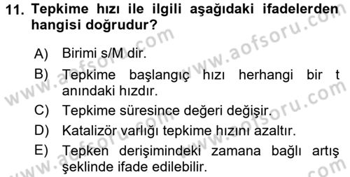 Genel Kimya 2 Dersi 2017 - 2018 Yılı (Final) Dönem Sonu Sınav Soruları 11. Soru