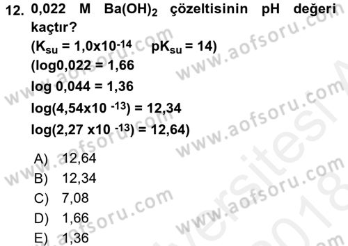 Genel Kimya 2 Dersi 2017 - 2018 Yılı (Final) Dönem Sonu Sınav Soruları 12. Soru