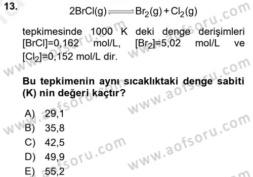Genel Kimya 2 Dersi 2017 - 2018 Yılı (Final) Dönem Sonu Sınav Soruları 13. Soru