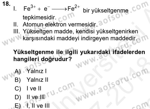 Genel Kimya 2 Dersi 2017 - 2018 Yılı (Final) Dönem Sonu Sınav Soruları 18. Soru