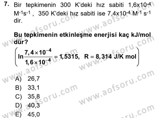 Genel Kimya 2 Dersi 2017 - 2018 Yılı (Final) Dönem Sonu Sınav Soruları 7. Soru