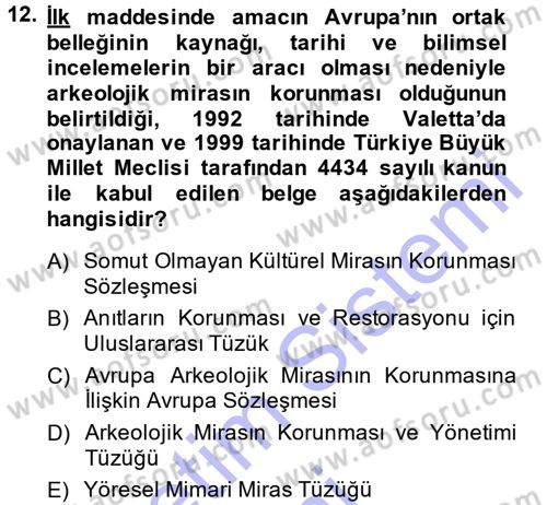 Kültürel Miras Mevzuatı Dersi 2014 - 2015 Yılı (Vize) Ara Sınav Soruları 12. Soru