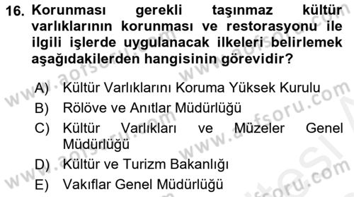 Kültürel Miras Mevzuatı Dersi 2018 - 2019 Yılı (Final) Dönem Sonu Sınav Soruları 16. Soru