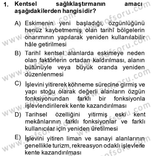 Kentsel ve Çevresel Koruma Dersi 2014 - 2015 Yılı (Final) Dönem Sonu Sınav Soruları 1. Soru