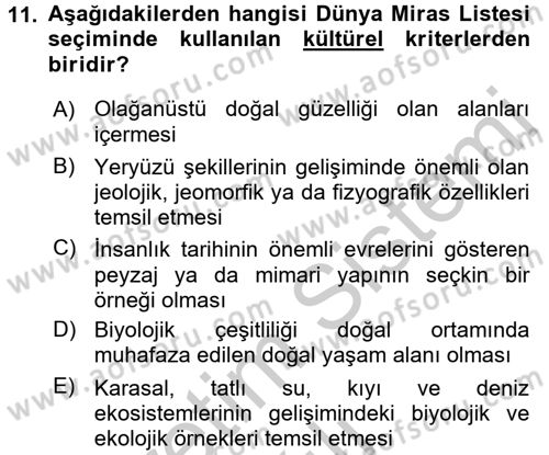 Kentsel ve Çevresel Koruma Dersi 2016 - 2017 Yılı 3 Ders Sınav Soruları 11. Soru