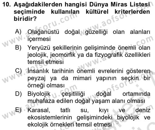 Kentsel ve Çevresel Koruma Dersi 2018 - 2019 Yılı 3 Ders Sınav Soruları 10. Soru