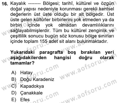 Kentsel ve Çevresel Koruma Dersi 2018 - 2019 Yılı (Vize) Ara Sınav Soruları 16. Soru
