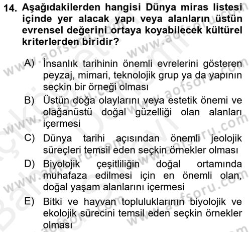 Kentsel ve Çevresel Koruma Dersi 2018 - 2019 Yılı (Final) Dönem Sonu Sınav Soruları 14. Soru