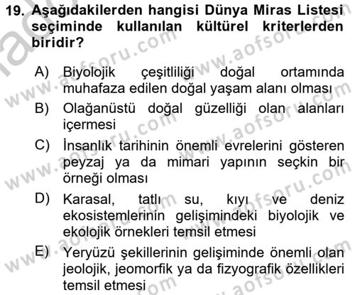 Kentsel ve Çevresel Koruma Dersi 2018 - 2019 Yılı Yaz Okulu Sınav Soruları 19. Soru